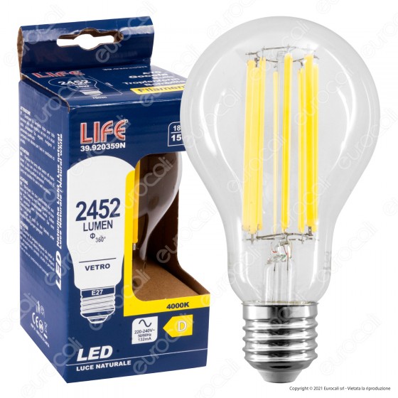 Life Lampadina LED E27 Filament 18W Bulb A70 Vetro Trasparente Life Lampadina LED E27 Filament 18W Bulb A70 Vetro Trasparente