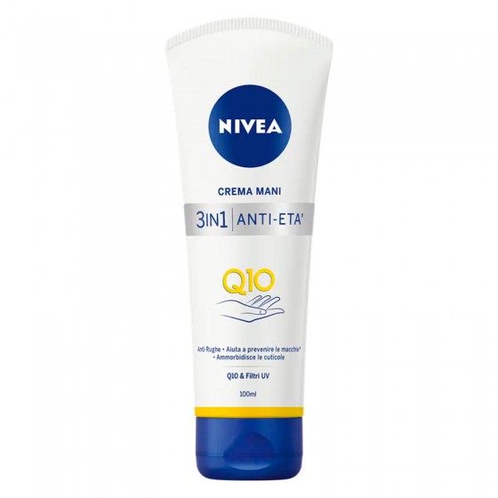 Nivea Crema Mani 3in1 Anti-Età Q10 & Filtri UV Anti-Rughe - Flacone Nivea Crema Mani 3in1 Anti-Età Q10 & Filtri UV Anti-Rughe - Flacone