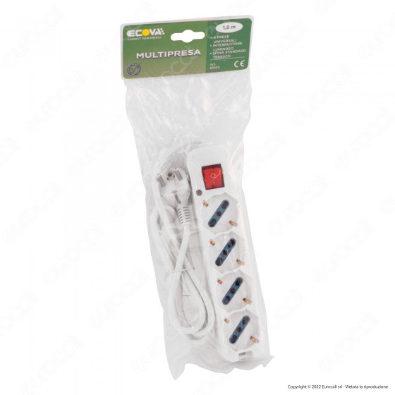 Multipresa Universale 4 Posti con Interruttore Luminoso - 1,5m Ecova Multipresa Universale 4 Posti con Interruttore Luminoso - 1,5m Ecova
