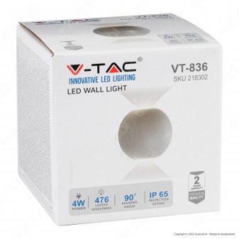 V-Tac VT-836 Lampada LED da Muro 4W Wall Light Bianca con