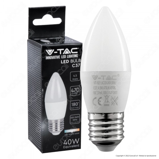 V-Tac VT-1821 Lampadina LED E27 4.5W Bulb C37 Candela SMD - SKU V-Tac VT-1821 Lampadina LED E27 4.5W Bulb C37 Candela SMD - SKU