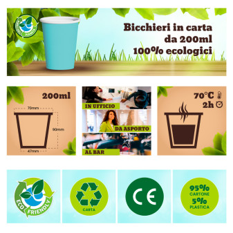 Bicchieri in Carta Riciclabile Colore Celeste da 200ml - Confezione da 25 Bicchieri