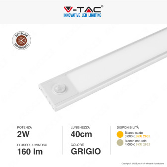 V-Tac VT-8142 Lampada LED da Armadio 2W SMD Ricaricabile Micro USB Sensore PIR di Movimento Colore