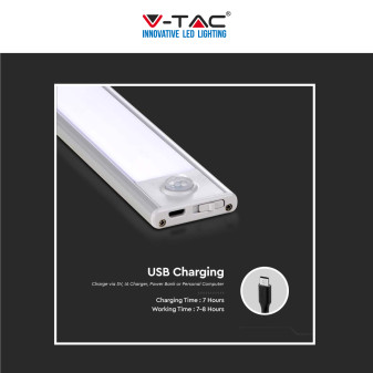 V-Tac VT-8143 Lampada LED da Armadio 2.5W SMD Ricaricabile Micro USB Sensore PIR di Movimento