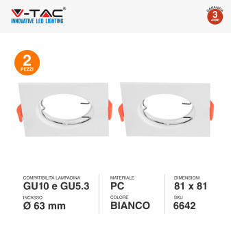 V-Tac VT-930 Super Saver Pack 2x Portafaretto Quadrato Fisso da Incasso per Lampadine GU10 e GU5.3