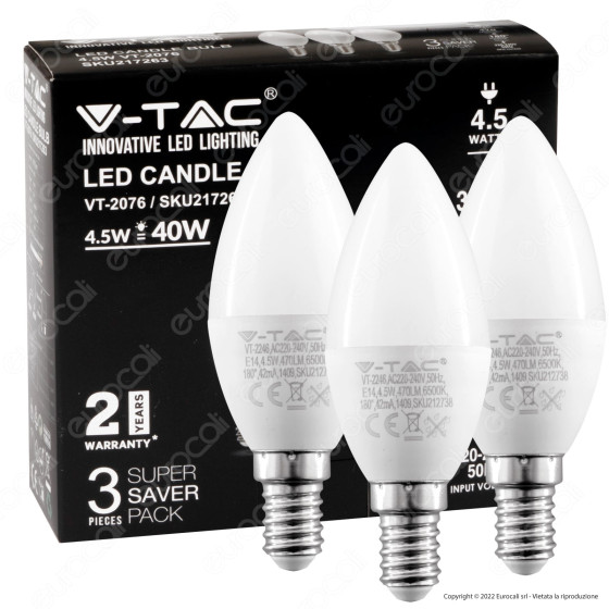 V-Tac VT-2076 Super Saver Pack 3x Lampadina LED E14 4.5W Candle V-Tac VT-2076 Super Saver Pack 3x Lampadina LED E14 4.5W Candle