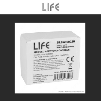 Life Modulo 1CH N.O. Wireless Apertura Cancello o Garage Wi-Fi 2.4 GHz Smart - mod. 39.9WI50220