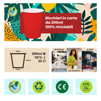 Bicchieri in Carta Riciclabile Colore Rosso da 200ml - Confezione da 25 Bicchieri