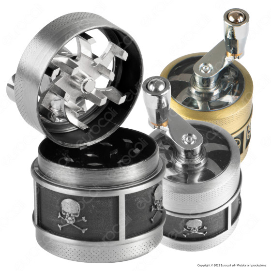 Champ High Grinder Tritatabacco 3 Parti in Metallo Skull and Leaf con Manovella e Coperchio Champ High Grinder Tritatabacco 3 Parti in Metallo Skull and Leaf con Manovella e Coperchio