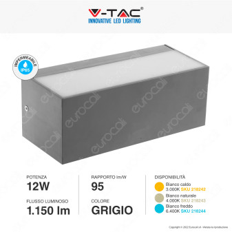 V-Tac VT-8057 Lampada LED da Muro 12W Wall Light IP65 con