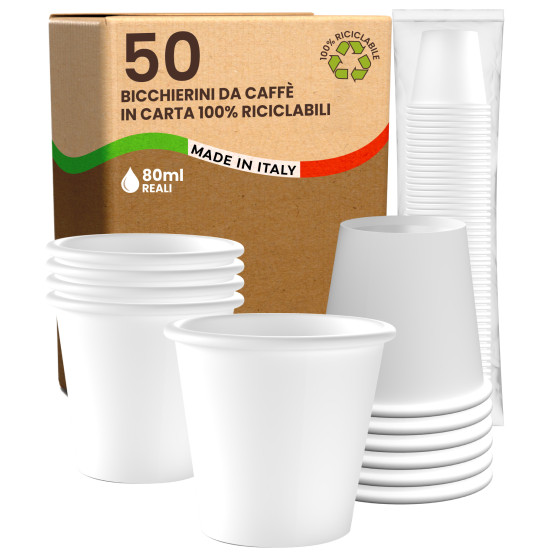 Bicchierini da Caffè in Carta Riciclabile Colore Bianco da 80ml - Confezione da 50 Bicchieri Bicchierini da Caffè in Carta Riciclabile Colore Bianco da 80ml - Confezione da 50 Bicchieri