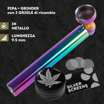 Champ High Pipa a Tubo in Metallo Colore Rainbow + Grinder Tritatabacco 2 Parti in Metallo Colore