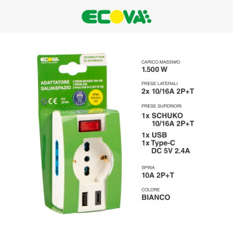 Ecova Multipresa Adattatore 1 Presa Schuko 10/16A 2P+T 2 Prese 10/16A 2P+T Porta USB A e Type-C con