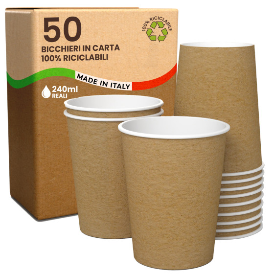 Bicchieri in Carta Riciclabile Colore Avana da 240ml - Confezione da 50 Bicchieri Bicchieri in Carta Riciclabile Colore Avana da 240ml - Confezione da 50 Bicchieri