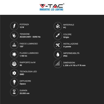 V-Tac VT-8058 Lampada LED da Muro 12W Wall Light SMD IP65