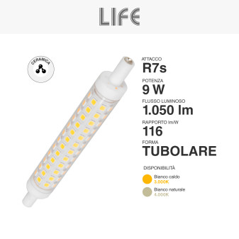 Life Lampadina LED SMD R7s L118 9W Tubolare Slim in Ceramica - mod.