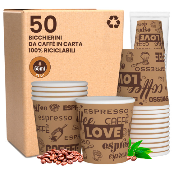 Bicchierini da Caffè in Carta Riciclabile con Fantasia Love BrownCUP da 65ml - Confezione da 50 Bicchierini da Caffè in Carta Riciclabile con Fantasia Love BrownCUP da 65ml - Confezione da 50