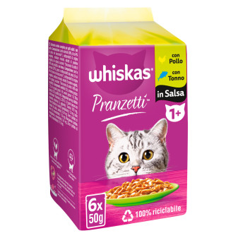 Whiskas Cibo per Gatti Pranzetti in Salsa Mari e Monti - 6 Bustine da 50g