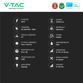 VT-2-20 Faretto LED 20W da Incasso Chip Samsung V-Tac Pro