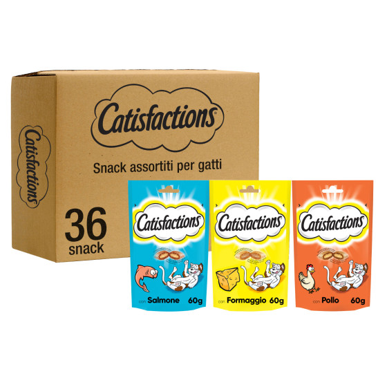 Kit Snack Gatti 3 Gusti Salmone Formaggio Pollo Catisfaction 36 Pezzi Kit Snack Gatti 3 Gusti Salmone Formaggio Pollo Catisfaction 36 Pezzi