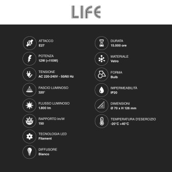 Lampadina LED E27 12W Bulb A70 Milky Filament Vetro Life