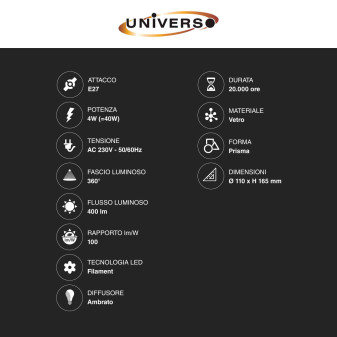 Lampadina LED E27 4W Prisma Filament Ambrata Universo