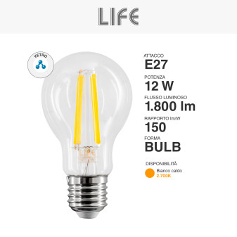 Lampadina LED E27 12W Bulb A70 Goccia Filament Vetro Life