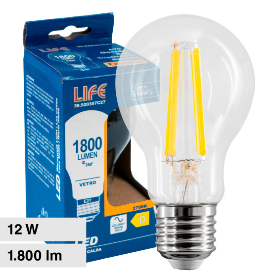 Lampadina LED E27 12W Bulb A70 Goccia Filament Vetro Life Lampadina LED E27 12W Bulb A70 Goccia Filament Vetro Life
