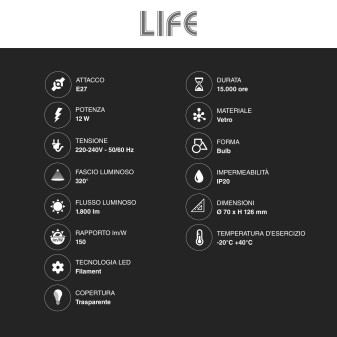 Lampadina LED E27 12W Bulb A70 Goccia Filament Vetro Life