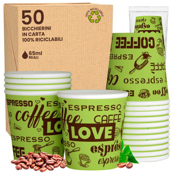 50 Bicchierini da Caffè in Carta LoveGreenCUP da 65ml 50 Bicchierini da Caffè in Carta LoveGreenCUP da 65ml