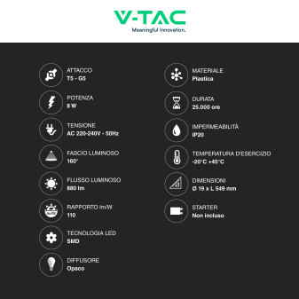 V-Tac VT-6005 Tubo LED T5 G5 8W SMD Plastica Lampadina 60cm