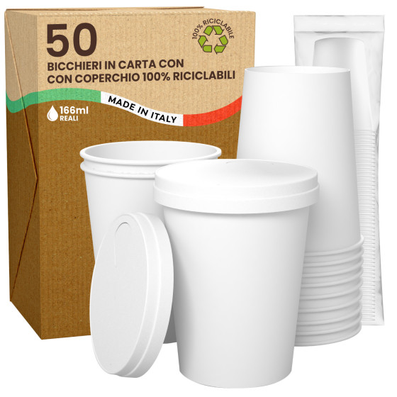 50 Bicchieri in Carta Riciclabile Bianco da 166ml con Coperchi 50 Bicchieri in Carta Riciclabile Bianco da 166ml con Coperchi
