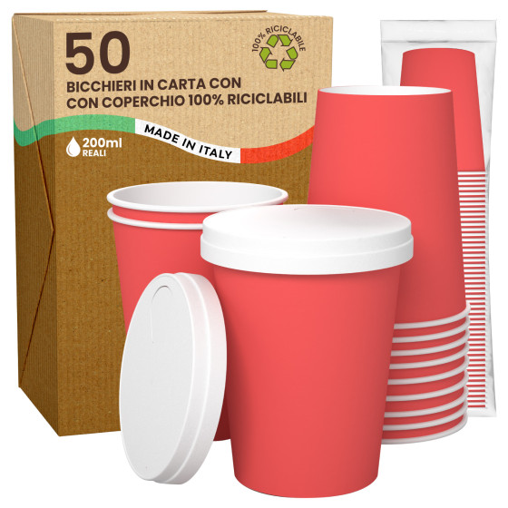 50 Bicchieri in Carta Riciclabile Rosso da 200ml e Coperchi 50 Bicchieri in Carta Riciclabile Rosso da 200ml e Coperchi