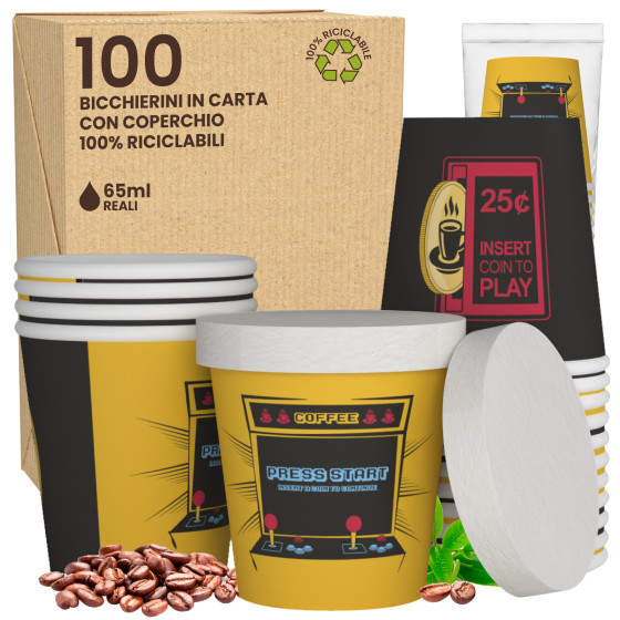 100 Bicchierini da Caffè in Carta ArcadeCUP da 65ml con coperchi 100 Bicchierini da Caffè in Carta ArcadeCUP da 65ml con coperchi