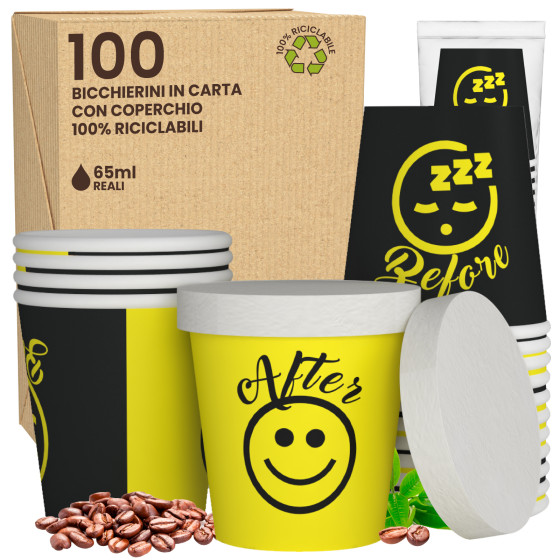 100 Bicchierini in Carta Riciclabile DownUpCUP Yellow da 65ml e Coperchi 100 Bicchierini in Carta Riciclabile DownUpCUP Yellow da 65ml e Coperchi