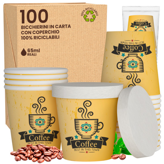 100 Bicchierini in Carta Riciclabile CuzcoCUP Yellow da 65ml e Coperchi 100 Bicchierini in Carta Riciclabile CuzcoCUP Yellow da 65ml e Coperchi
