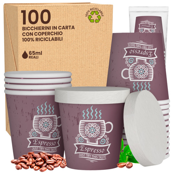 100 Bicchierini in Carta Riciclabile CuzcoCUP Brown da 65ml e Coperchi 100 Bicchierini in Carta Riciclabile CuzcoCUP Brown da 65ml e Coperchi