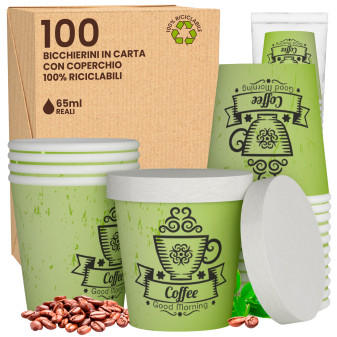 100 Bicchierini in Carta Riciclabile CuzcoCUP Green da 65ml e Coperchi