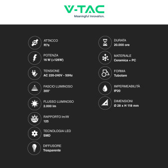 VT-2118 Lampadina LED R7s 16W Tubolare L118 SMD V-Tac