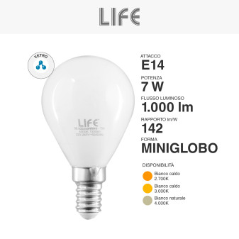 Life Lampadina LED E14 7W P45 Filament MiniGlobo in Vetro