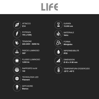 Life Lampadina LED E14 7W P45 Filament MiniGlobo in Vetro