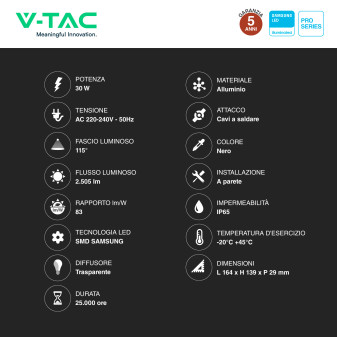 V-Tac Pro VT-44030 Faro LED 30W SMD IP65 nero