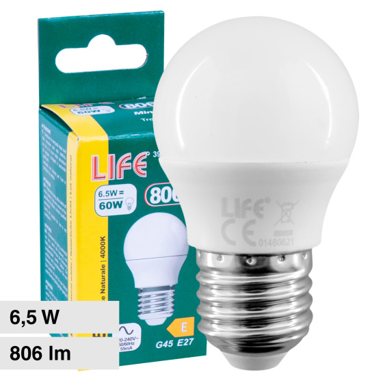 Lampadina LED E27 6,5W Minisfera G45 MiniGlobo SMD Life Lampadina LED E27 6,5W Minisfera G45 MiniGlobo SMD Life