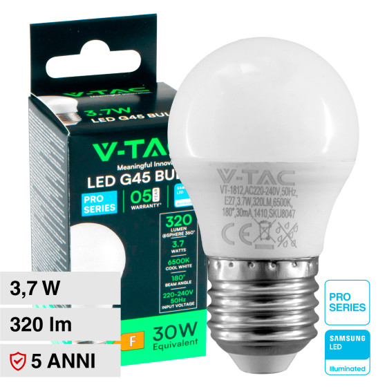 VT-1812 Lampadina LED E27 3,7W G45 MiniGlobo SMD Chip Samsung V-Tac VT-1812 Lampadina LED E27 3,7W G45 MiniGlobo SMD Chip Samsung V-Tac