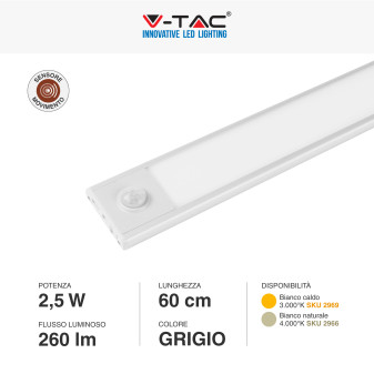 V-Tac VT-8143 Lampada LED da Armadio 2.5W SMD Ricaricabile Micro USB Sensore PIR di Movimento