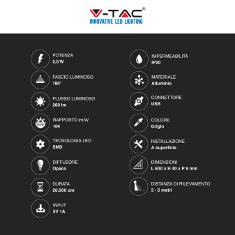 V-Tac VT-8143 Lampada LED da Armadio 2.5W SMD Ricaricabile Micro USB Sensore PIR di Movimento