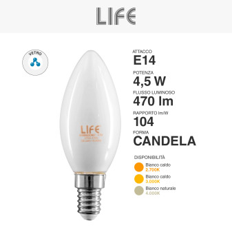 Lampadina LED E14 Filament 4,5W Candle C35 Candela Life
