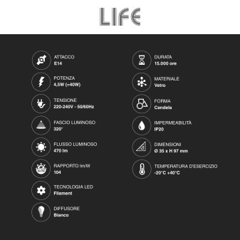 Lampadina LED E14 Filament 4,5W Candle C35 Candela Life