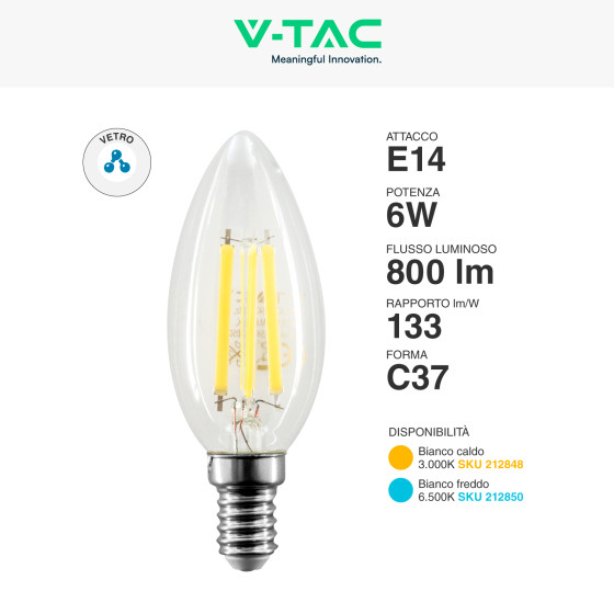 V-Tac VT-2327 Lampadina LED E14 Filamento Candela 6W High Lumen