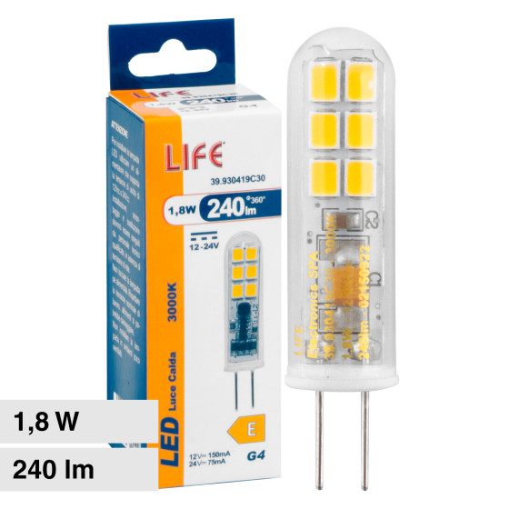 Lampadina LED G4 1,8W Tubolare SMD 12/24V in Vetro Trasparente Life Lampadina LED G4 1,8W Tubolare SMD 12/24V in Vetro Trasparente Life